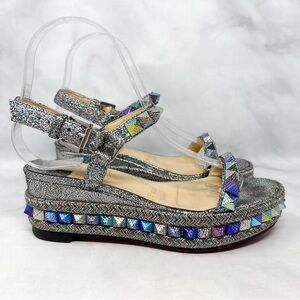 Christian Louboutin Pyraclou 60 Metallic Leather Studded Platform Sandals 35